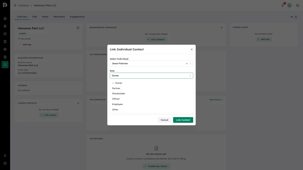 Role list open, showing the available relationship roles