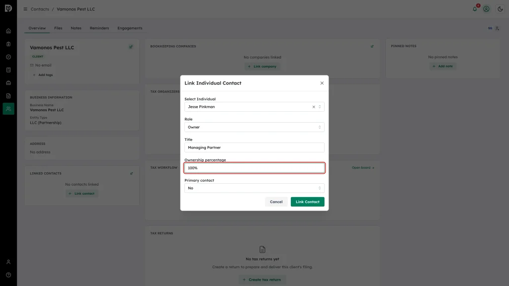 Ownership percentage field highlighted in the Link Individual Contact window