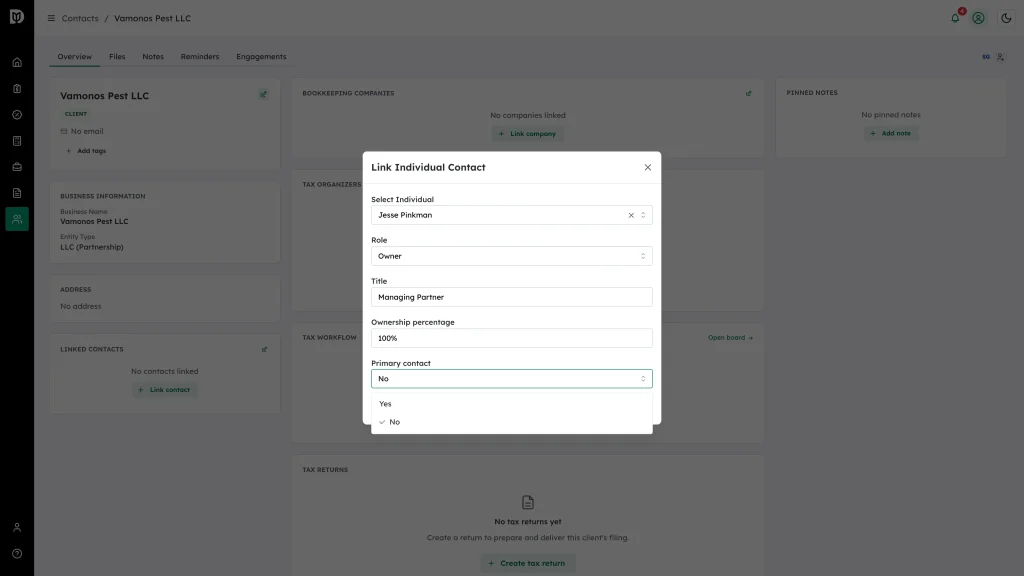 Primary contact list open with Yes and No