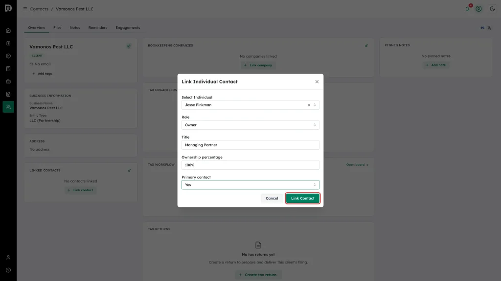 Link Contact button highlighted in the Link Individual Contact window