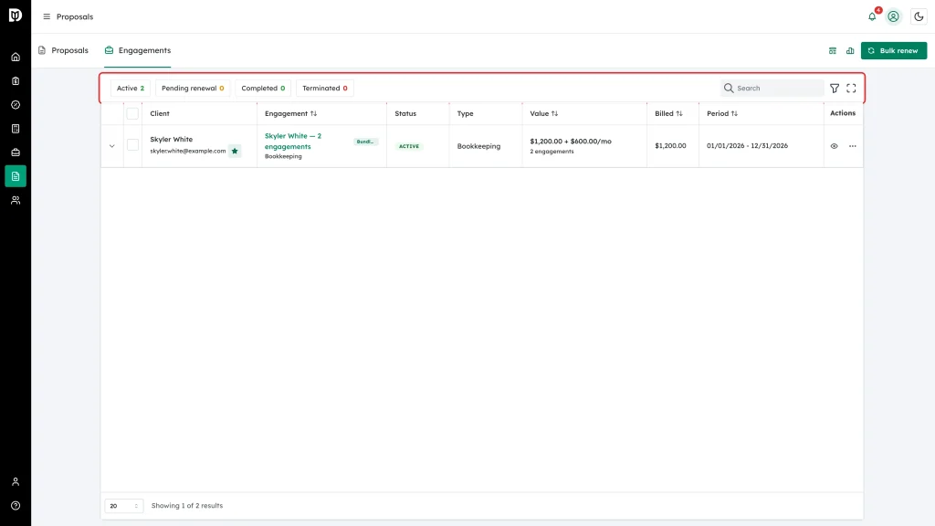 Status chips above the engagements table: Active, Pending renewal, Completed, Terminated