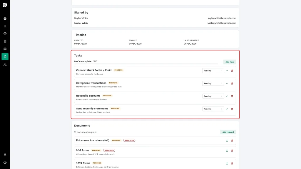Tasks panel on the engagement page