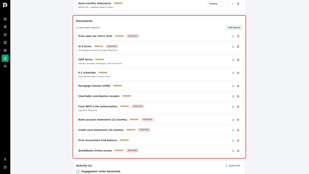 Documents panel listing the document requests and their statuses