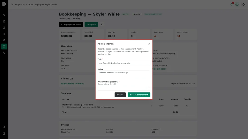 Add amendment box with Title, Notes and Amount change delta