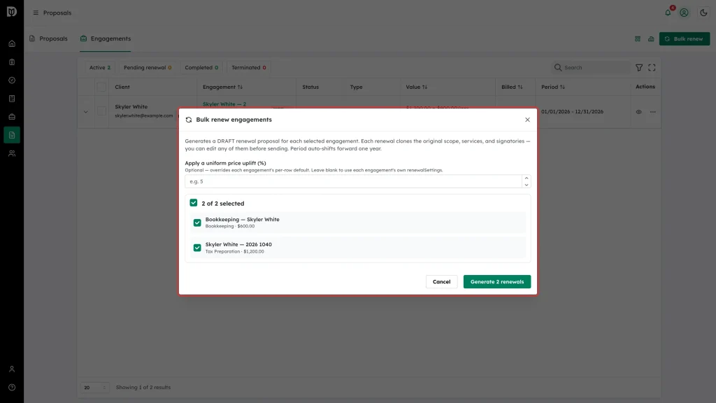 Bulk renew engagements box with the uplift field and the engagement selection list