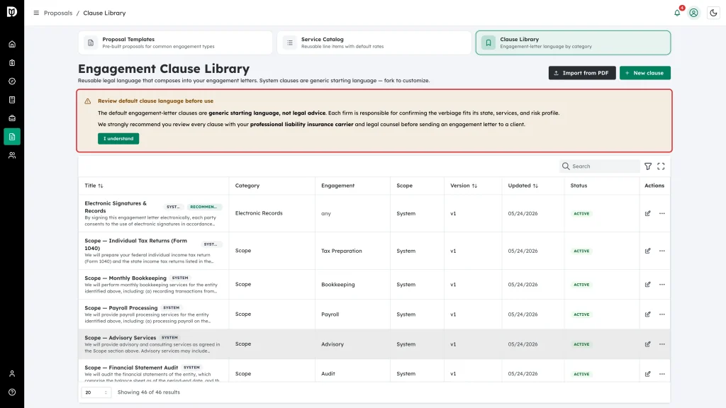 Review default clause language before use warning banner