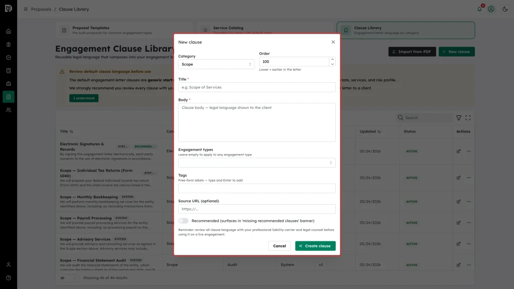 New clause modal with Category, Order, Title, Body and Engagement types