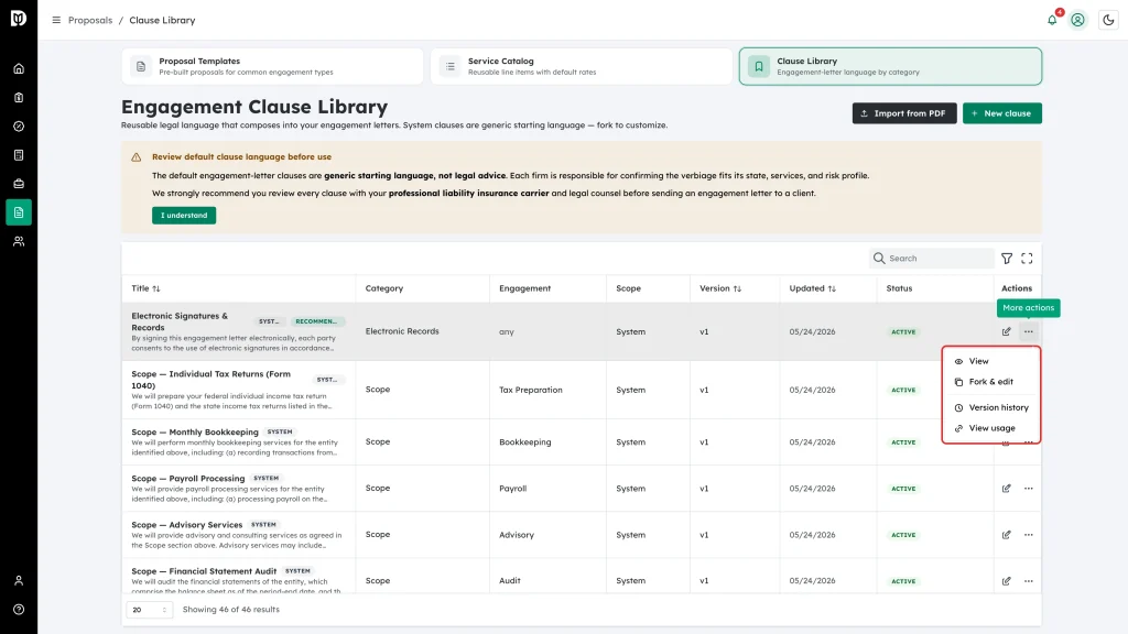 Row actions menu with View, Fork and edit, Version history and View usage