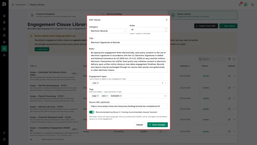 Edit clause modal opened on a forked system clause