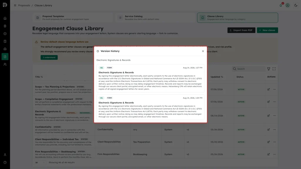 Version history modal listing v2 and v1 of a clause