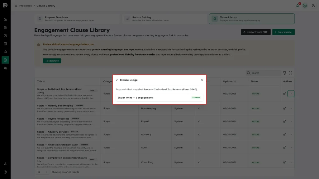 Clause usage modal listing the proposals that snapshot the clause