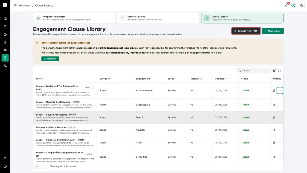 Import from PDF button in the clause library header