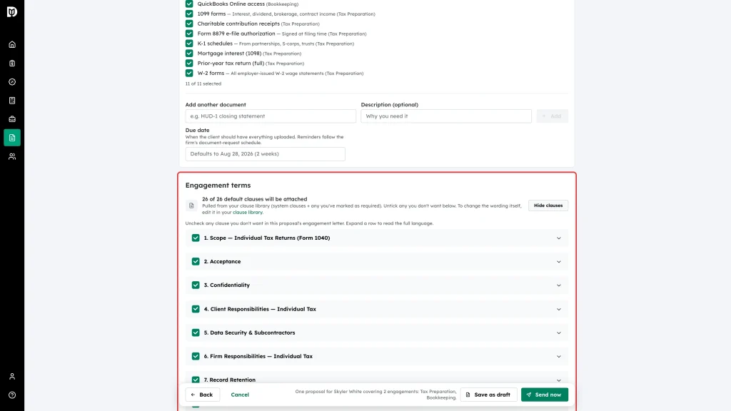 Engagement terms panel on the proposal review step listing the numbered clauses