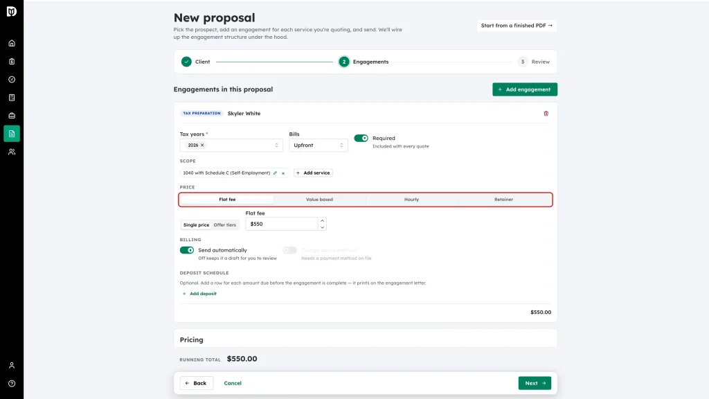Pricing model control offering Flat fee, Value based, Hourly and Retainer