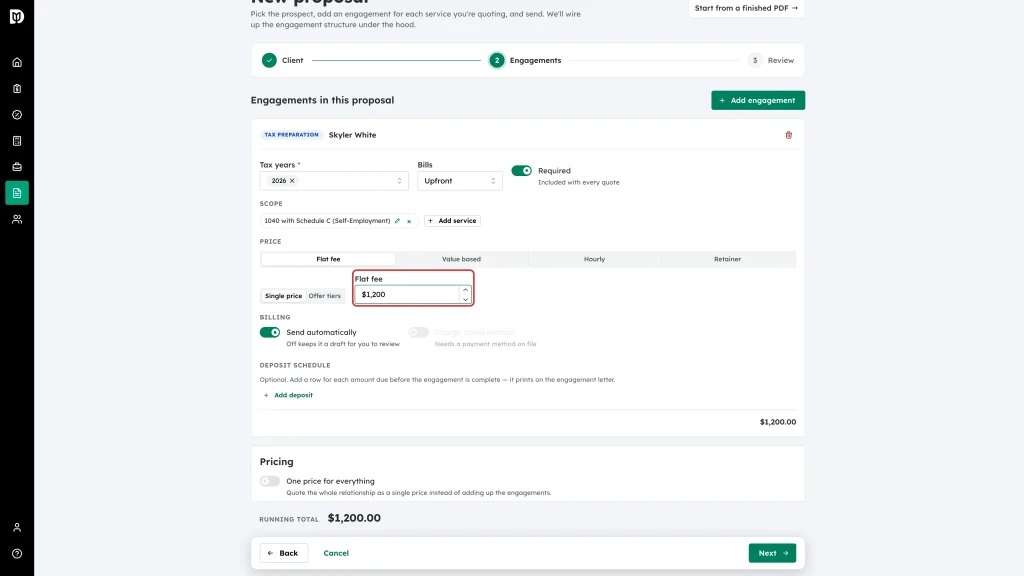 Flat fee amount box on the engagement card