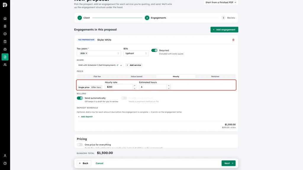 Hourly rate and Estimated hours fields with the derived card total
