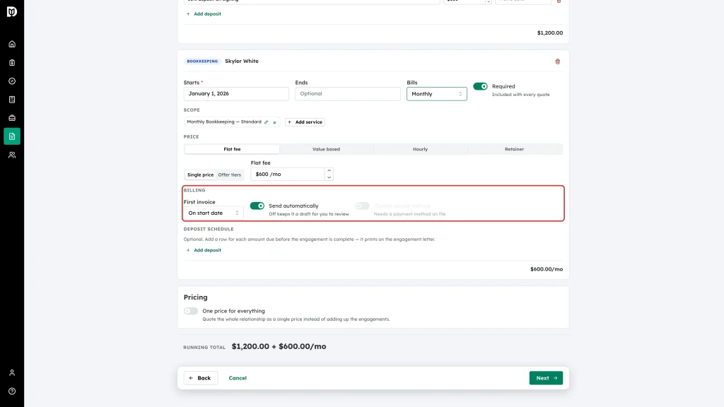Billing section with First invoice, Send automatically and Charge saved method