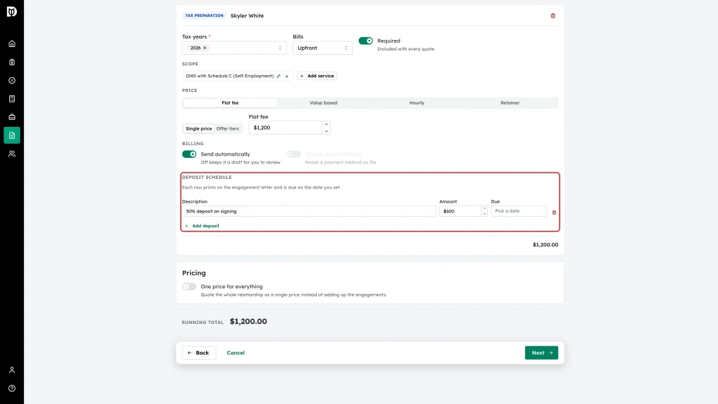 Deposit schedule row with description, amount and due date