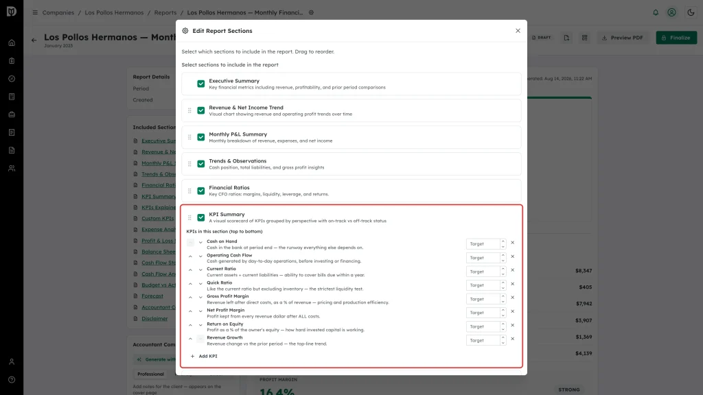 KPI Summary section highlighted with its KPI list in the Edit Report Sections window