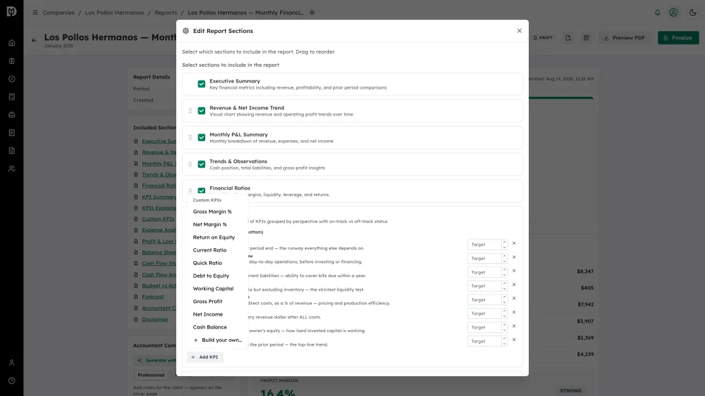 Add KPI menu open on the KPI Summary section