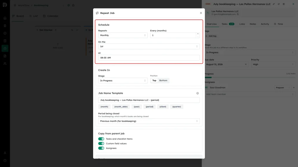 Schedule section highlighted in the Repeat Job window