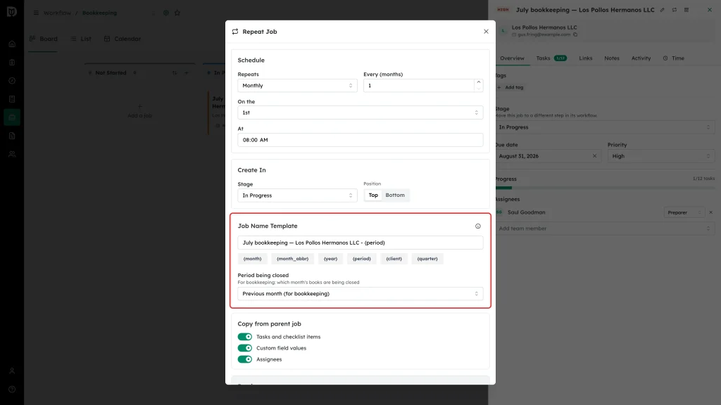 Job Name Template section highlighted with the available variables