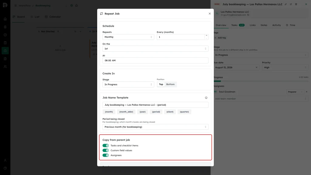 Copy from parent job switches highlighted
