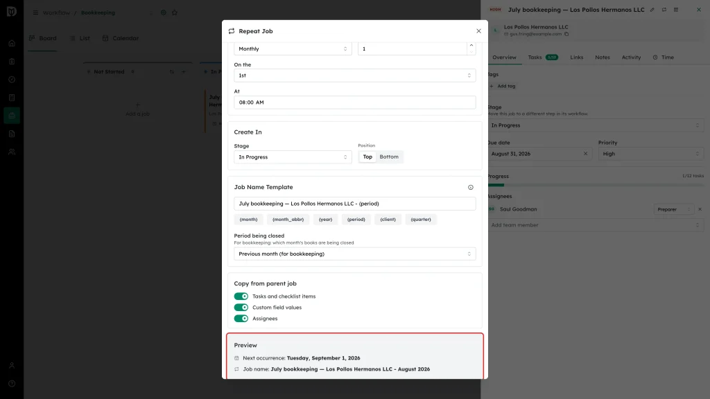Preview panel highlighted at the bottom of the Repeat Job window