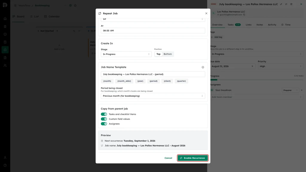 Enable Recurrence button highlighted