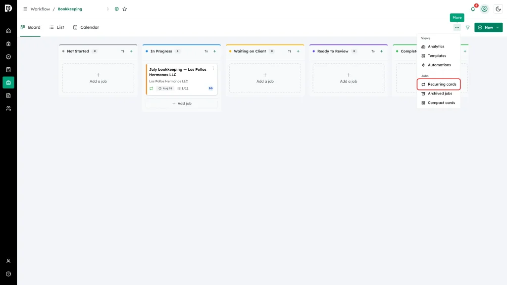 Recurring cards menu item highlighted in the More menu