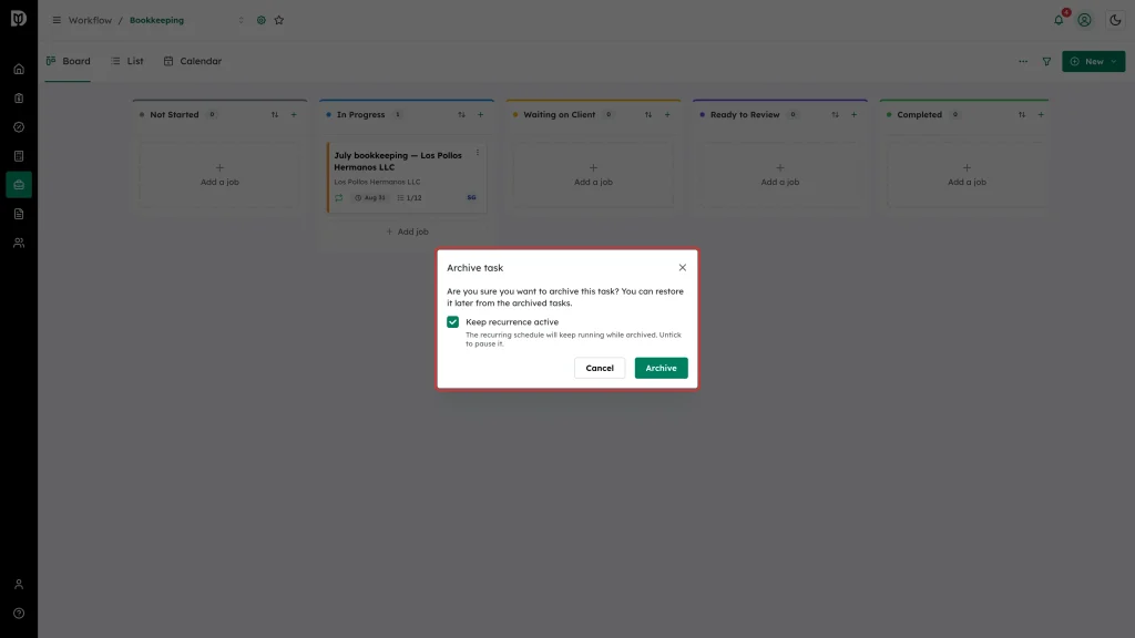 Archive task confirmation highlighted, showing the Keep recurrence active option