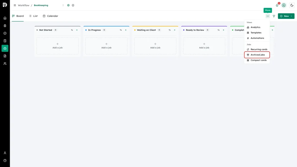 Archived jobs menu item highlighted in the More menu