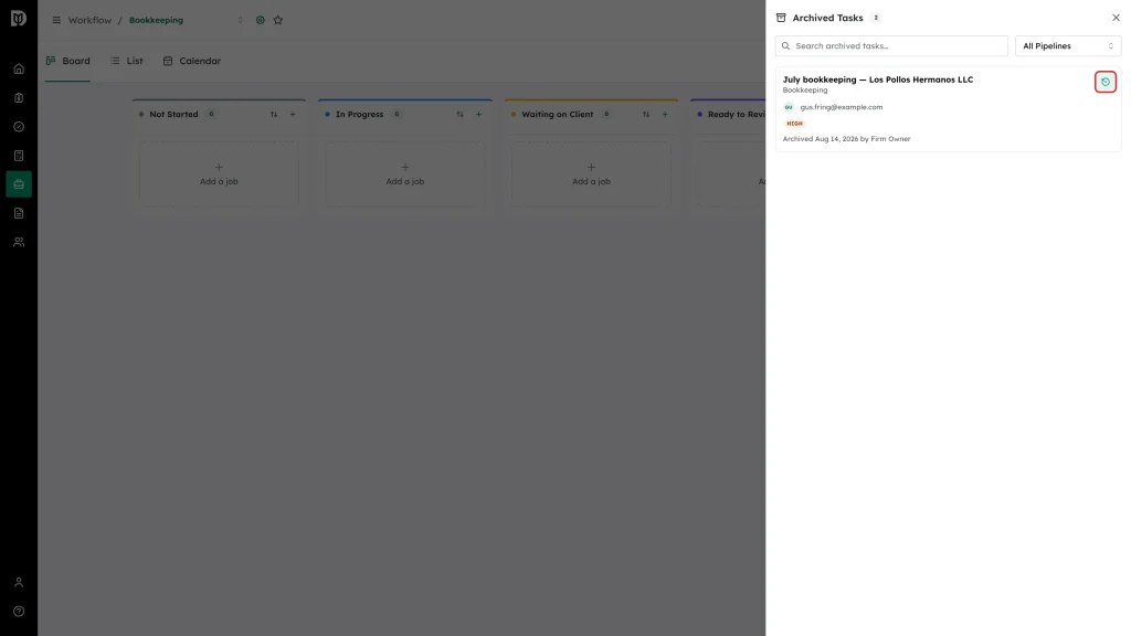Restore icon highlighted on an archived job