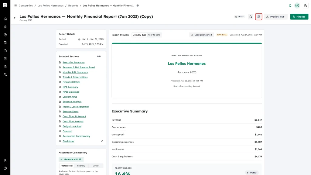 Save as template icon highlighted in the report header