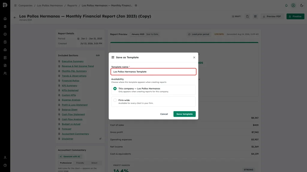 Template name field highlighted in the Save as Template window