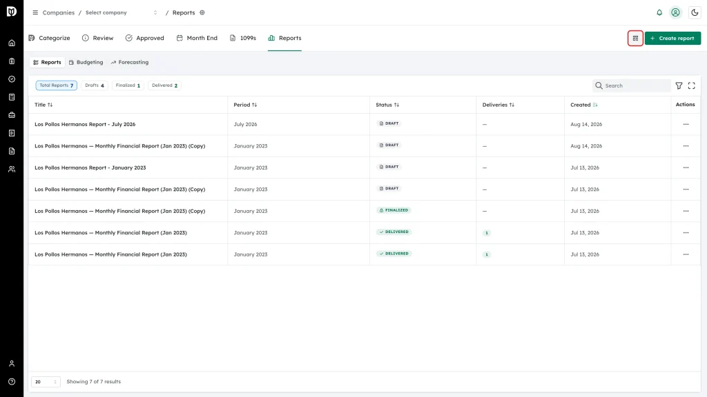 Manage templates icon highlighted beside the Create report button