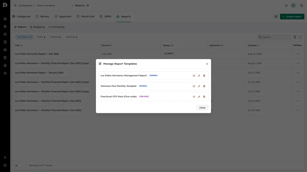 Manage Report Templates window listing templates with their badges