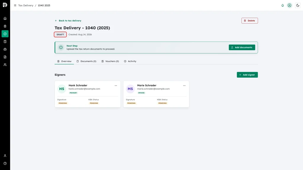 The status badge highlighted below the tax delivery title