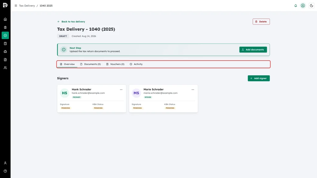 The tab strip highlighted, showing Overview, Documents, Vouchers and Activity