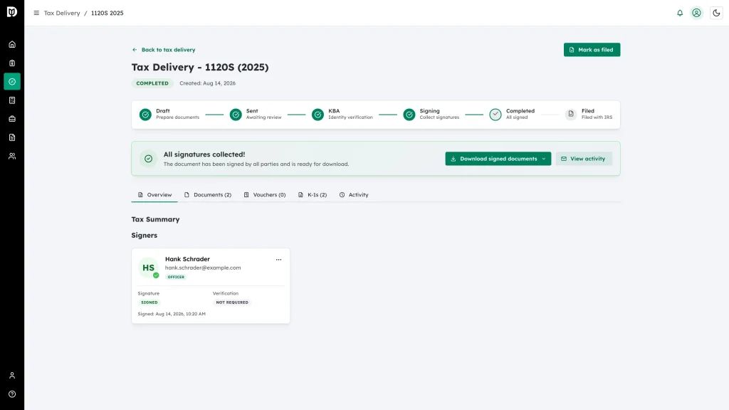 The All signatures collected card on a completed tax delivery, with Download signed documents and View activity buttons