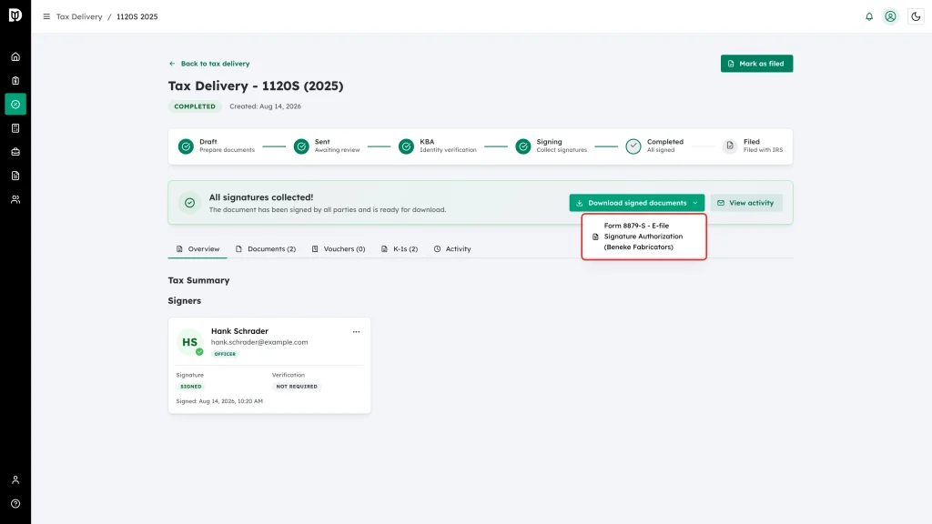 The Download signed documents button highlighted on the completed card