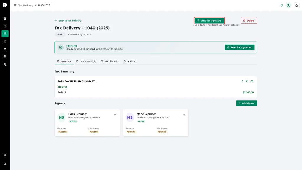 The Send for signature button highlighted with the KBA fee note underneath it
