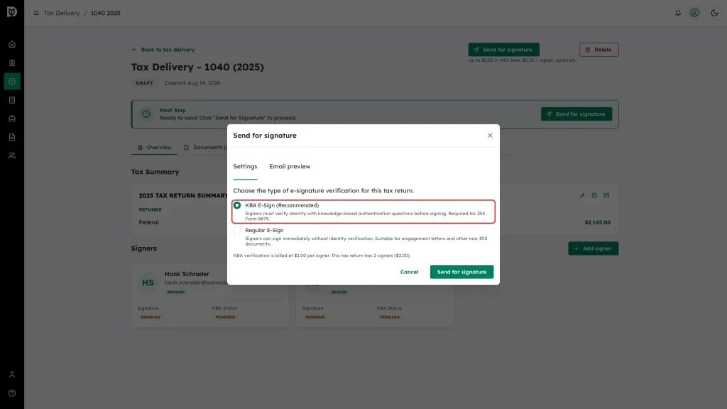 The KBA E-Sign (Recommended) option highlighted on the Settings tab of the Send for signature window