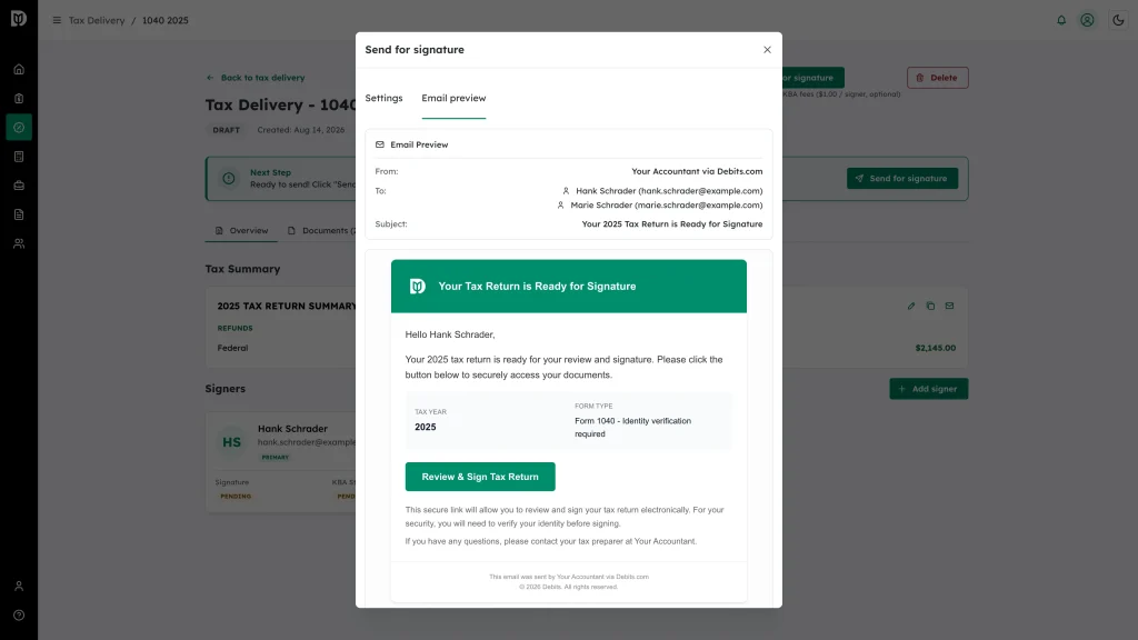 The Email preview tab showing the recipients, subject line and the rendered client email