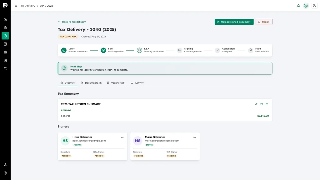 The tax delivery after sending, showing the Pending KBA badge, the stepper on the KBA stage and the Recall button