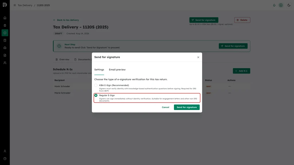 The Regular E-Sign option highlighted in the Send for signature window