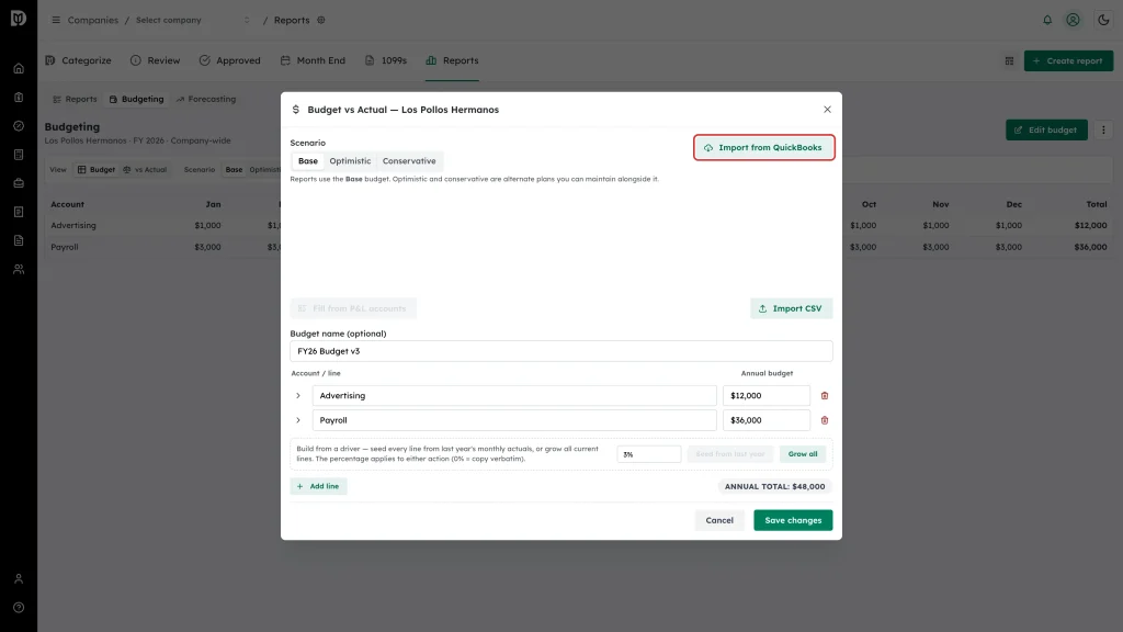 Import from QuickBooks button highlighted in the budget editor