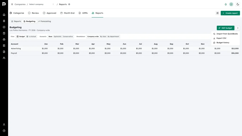 More actions menu open with Import from QuickBooks, Export CSV and Budget history