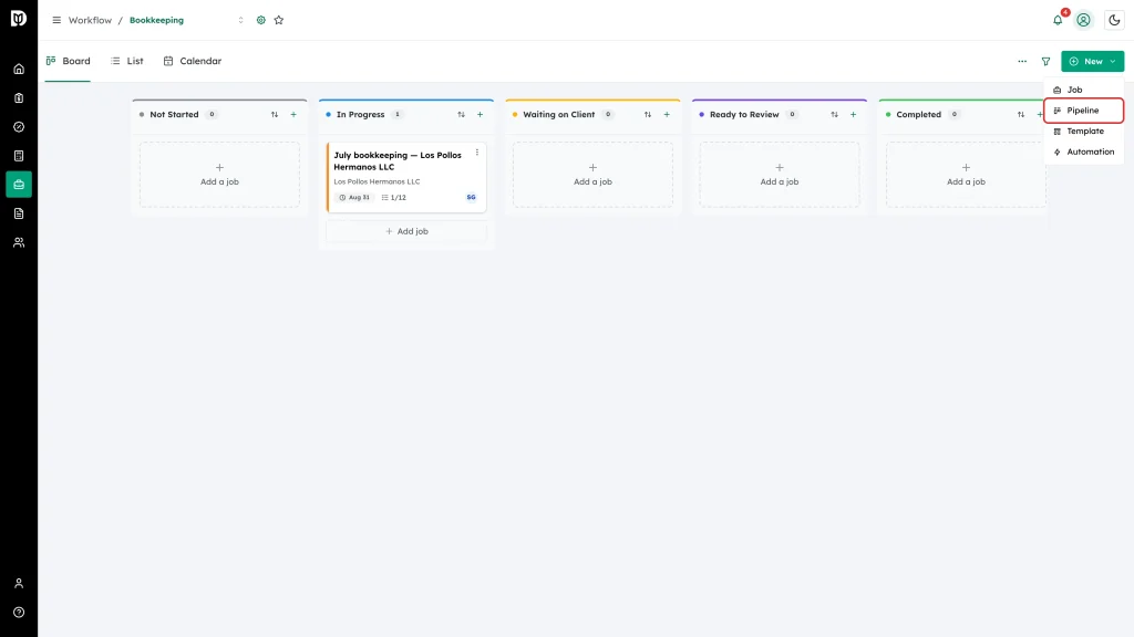 Pipeline menu item highlighted in the New menu