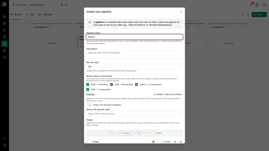 Pipeline name field highlighted in the Create new pipeline window